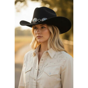 Boutique Western Black Cowboy Hat with Faux Turquoise & Silver Concho Band